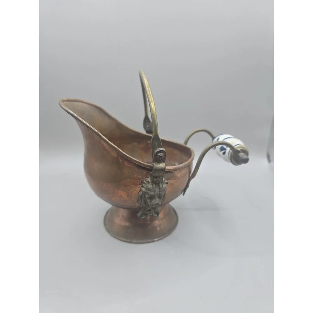 Vntg Copper Brass Coal Ash Small Scuttle Bucket Delft Blue Handle 6-3/4